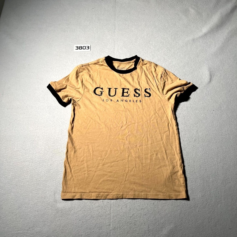 Guess Los Angeles Ringer T Shirt Mens XS Brown Cotton Wordmark Logo Short Sleeve